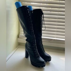 Black lace up zipper gothic knee high heel combat boots